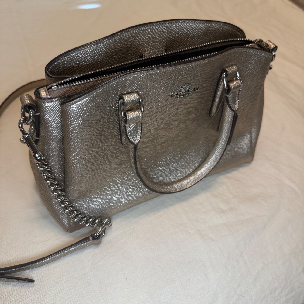 Coach Metallic Silver/Gold Crossgrain Leather Satchel Crossbody Bag F25595 - Picture 3 of 4